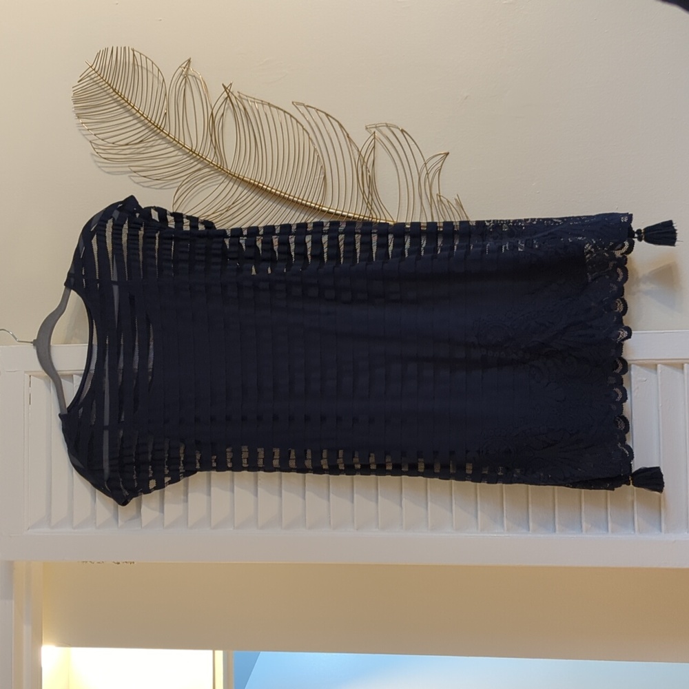 Lilly Pulitzer Adria Dress Navy Blue Mesh Stripe Tassel, XS
